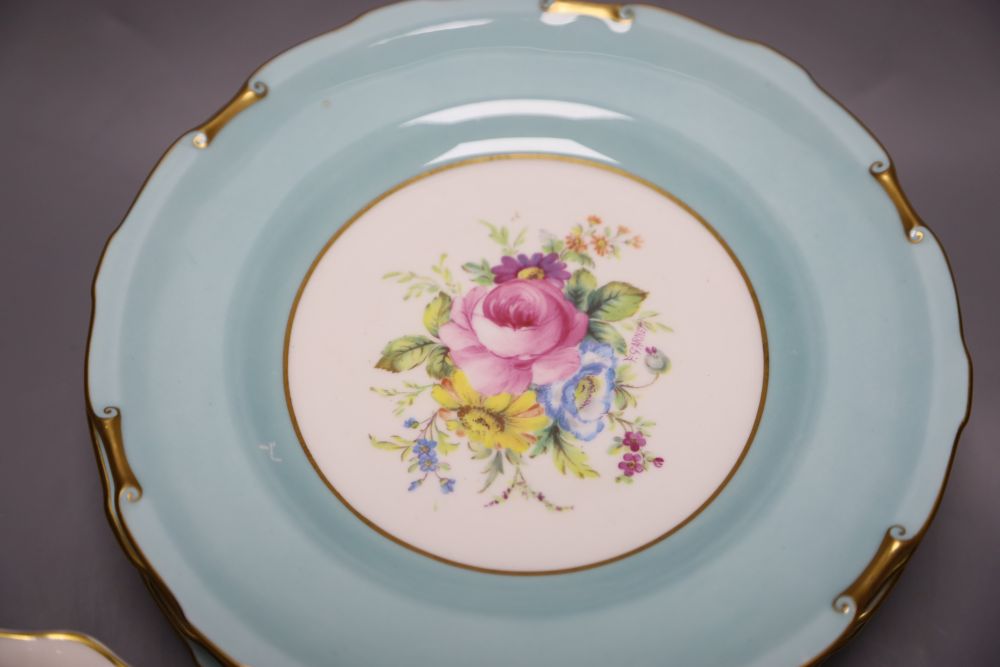 Set of six Royal Crown Derby porcelain dishes signed Garnett, six Wedgwood scallop shell dishes and a pair of dwarf candlesticks.